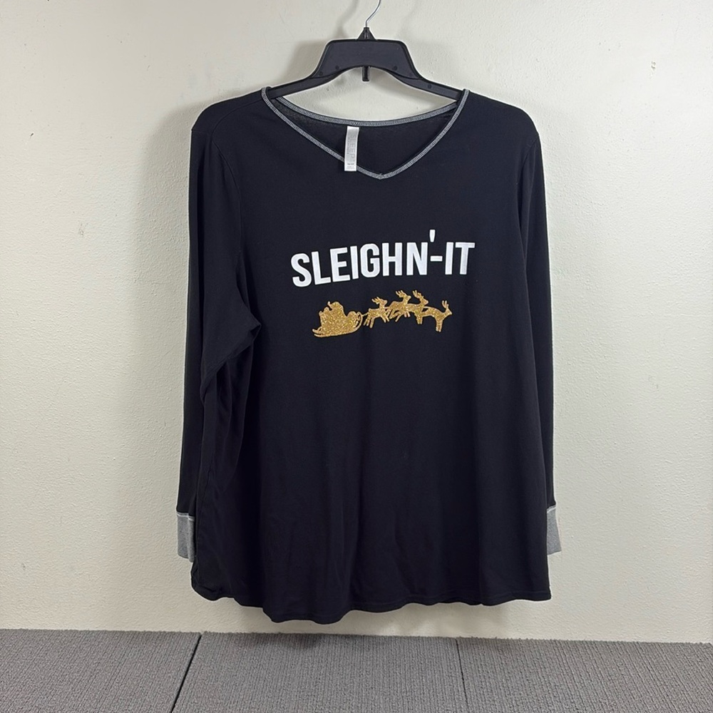 Sleep by Cacique Sleighn It Sleep Shirt Womens Size 18/20 Black Long Sleeve Top